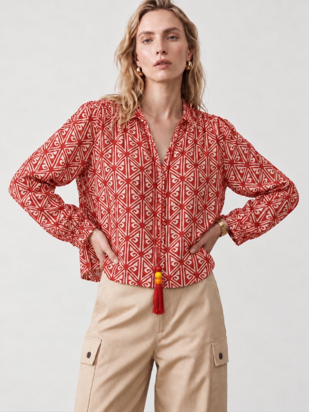 The SHIRT by Rochelle Behrens NEW Terracotta Geometric Print Tassel Top SZ XL